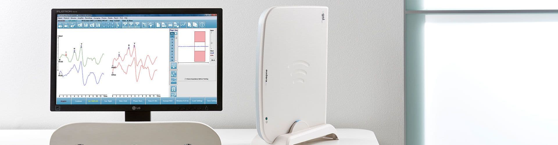 Audera Pro EP-OAE system with stand set up and a computer screen with evoked potentials data